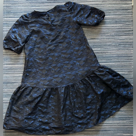 ZARA Voluminous Jacquard Metallic Blue Black Camo Swing Dress XS - Picture 4 of 8